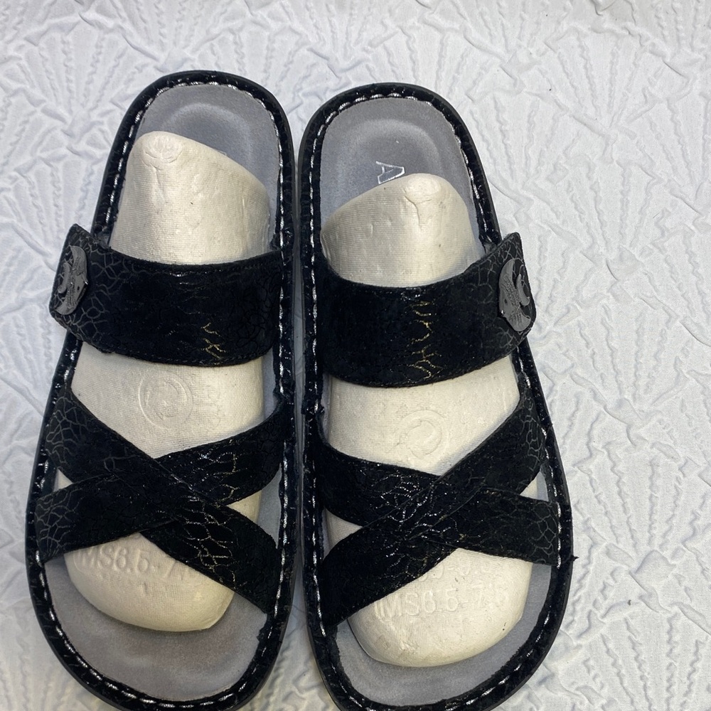 Alegria Victoriah Lustrous Black Strappy Leather Chiappetta Slide Sandals comfy - Picture 7 of 14